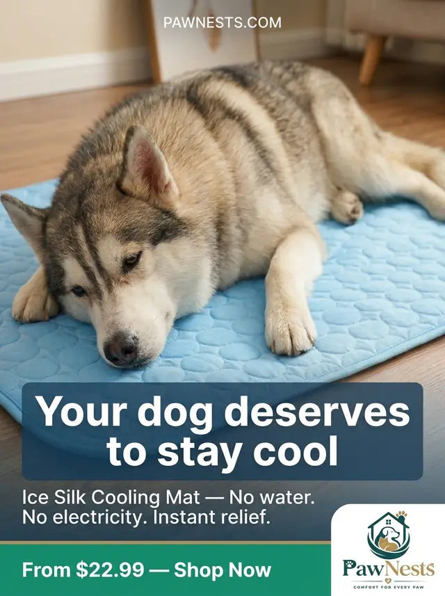 Dog lying on a blue cooling mat with promotional text for PawNests ice silk cooling mat.