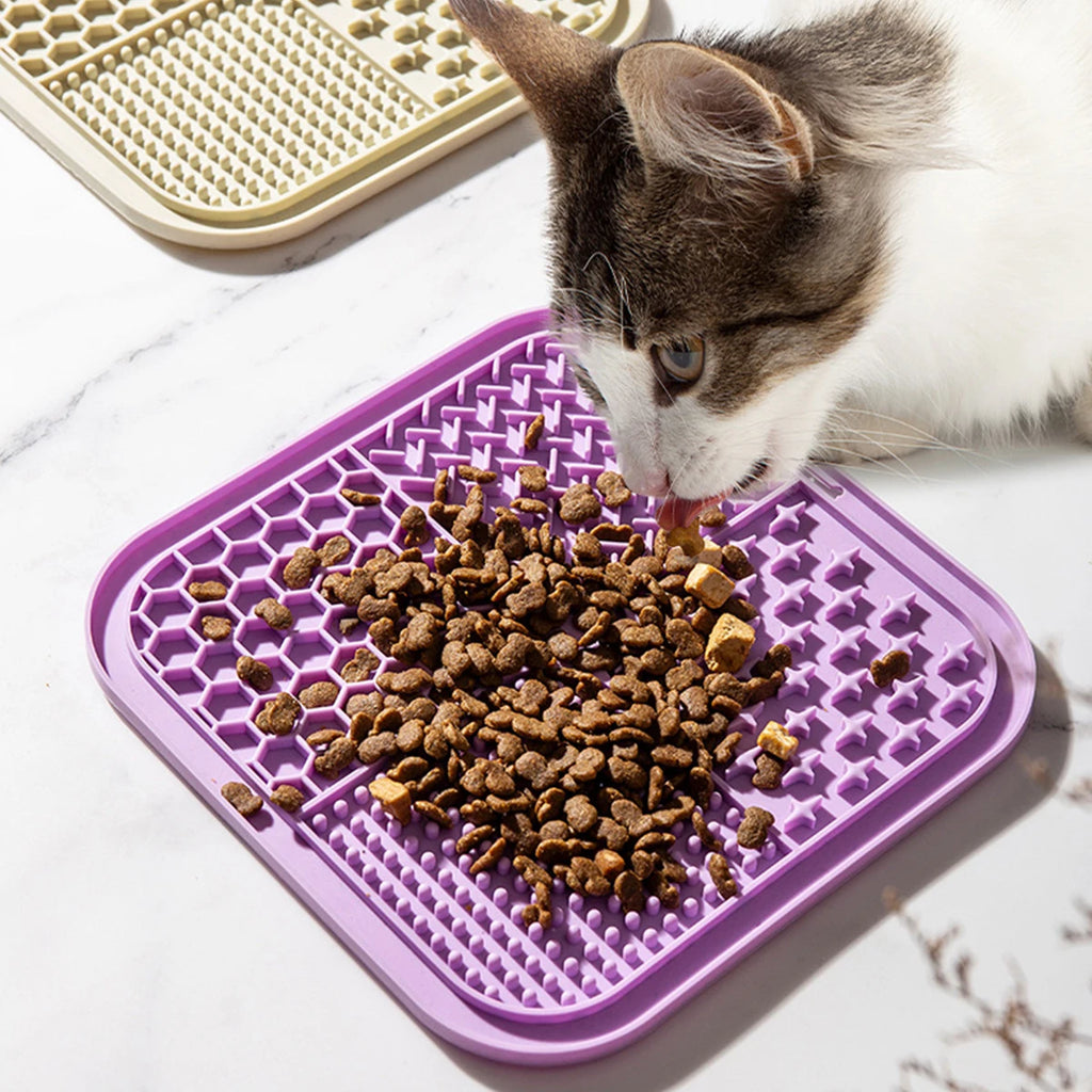 Cat eating dry food from a purple silicone lick mat with a honeycomb and dot texture | Pawnests