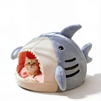 Luxury plush shark pet cave bed on white background