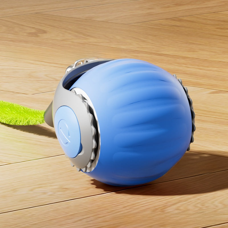 Automatic cat toy ball with feather attachment orange and blue | Pawnests