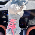 Small dog wearing pearl design denim skirt — cute pet dress | Pawnests
