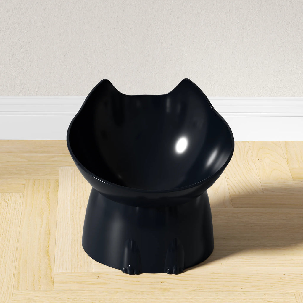 Black cat-ear raised tilted cat bowl on a wooden floor — black | Pawnests