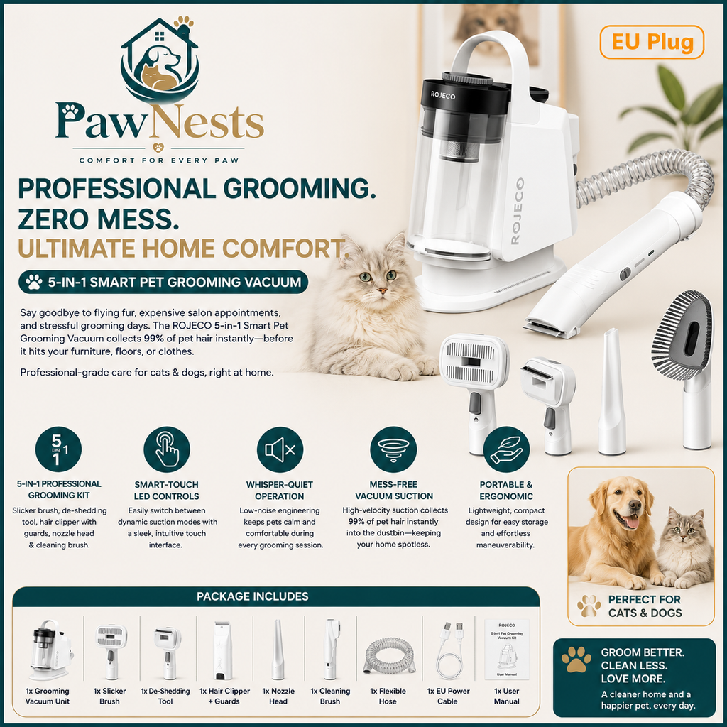 5-in-1 smart pet grooming vacuum kit — complete attachment set on white background | Pawnests