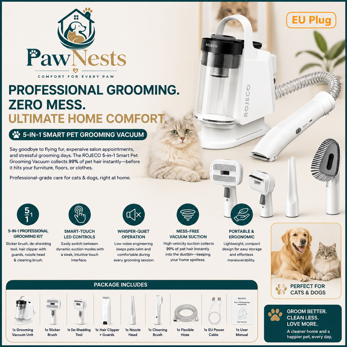 5-in-1 smart pet grooming vacuum kit — complete attachment set on white background | Pawnests