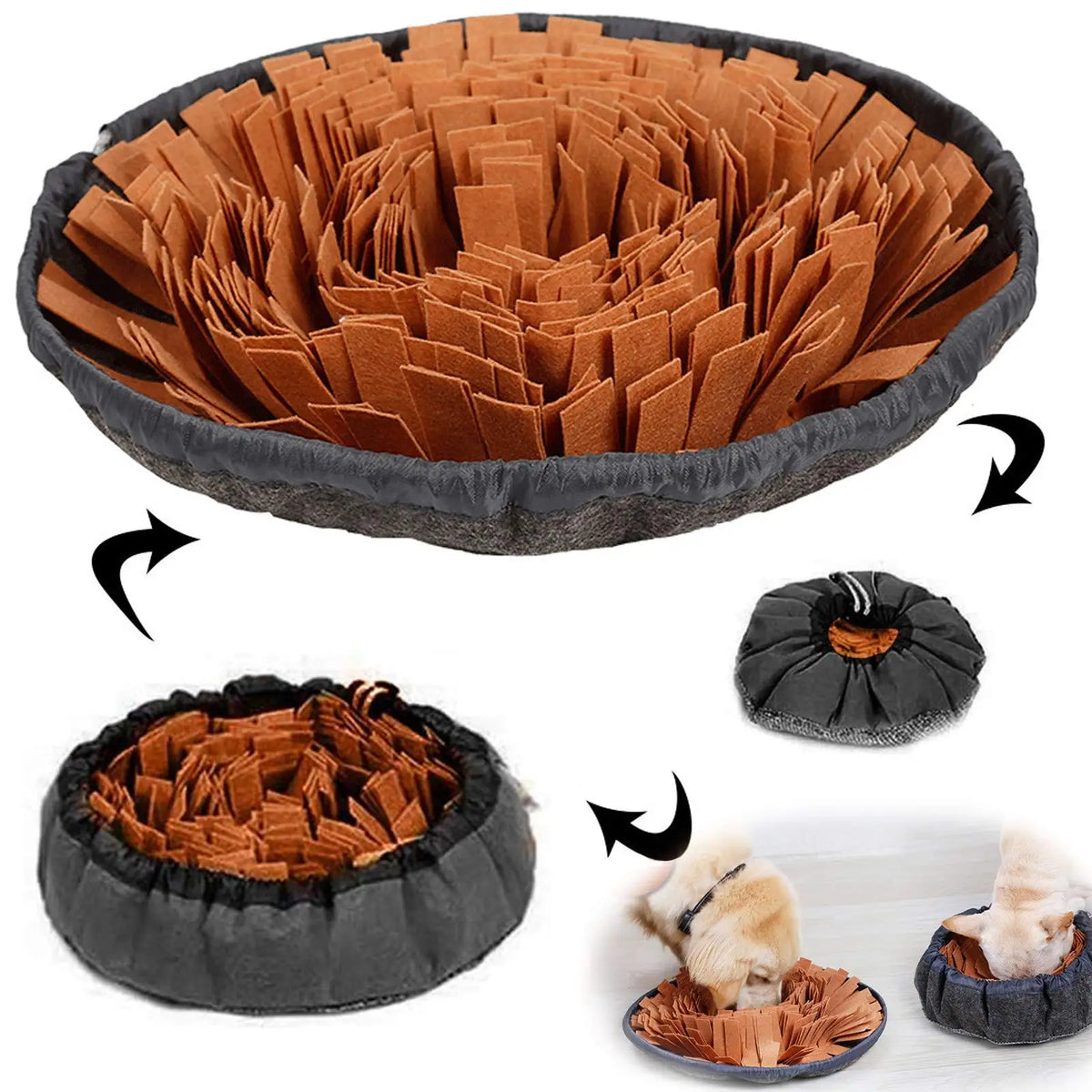 Black snuffle mat for dogs with brown petals — full mat, bowl and pouch | Pawnests