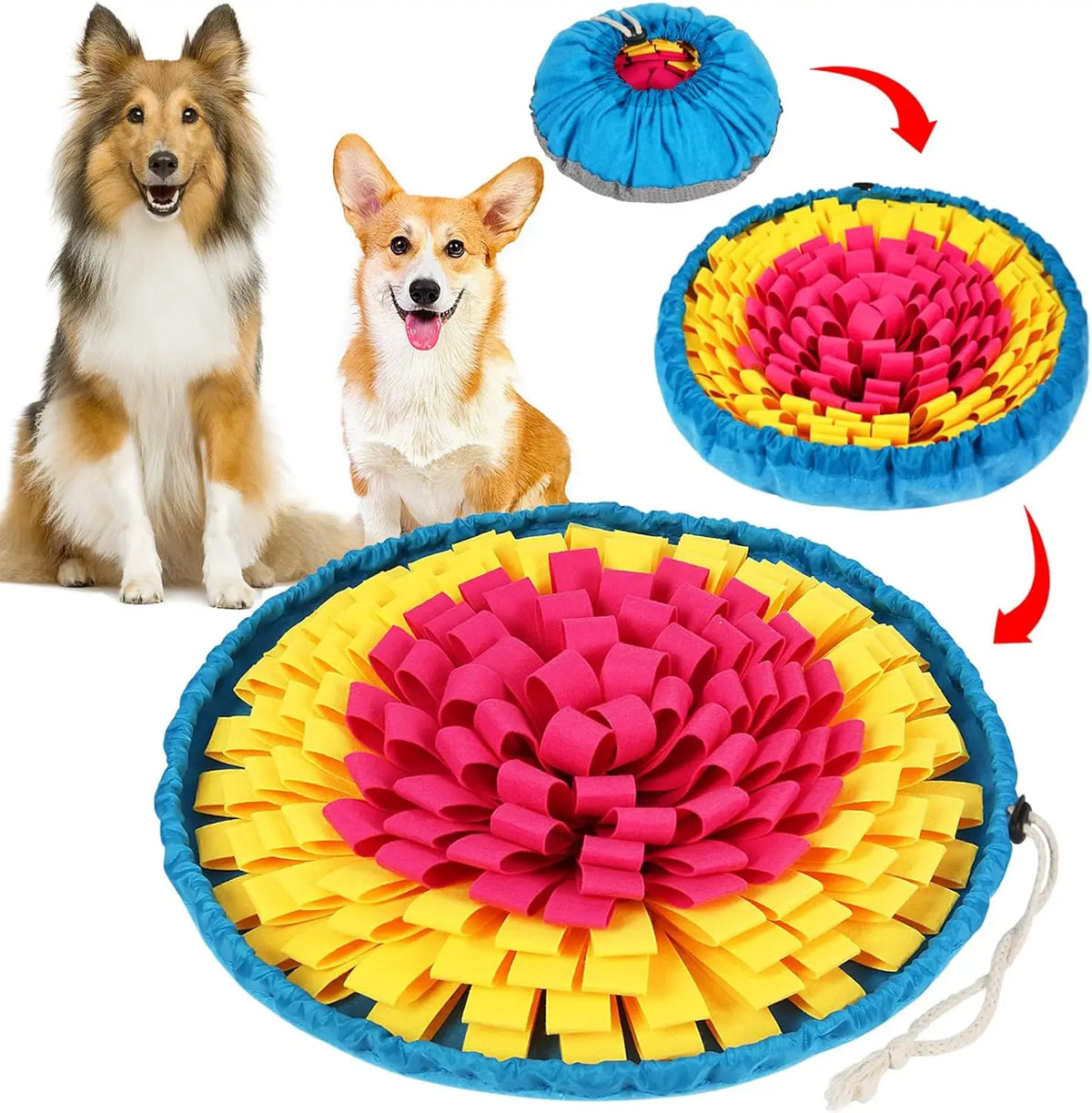 Collie and corgi with rose and yellow snuffle mat for dogs | Pawnests