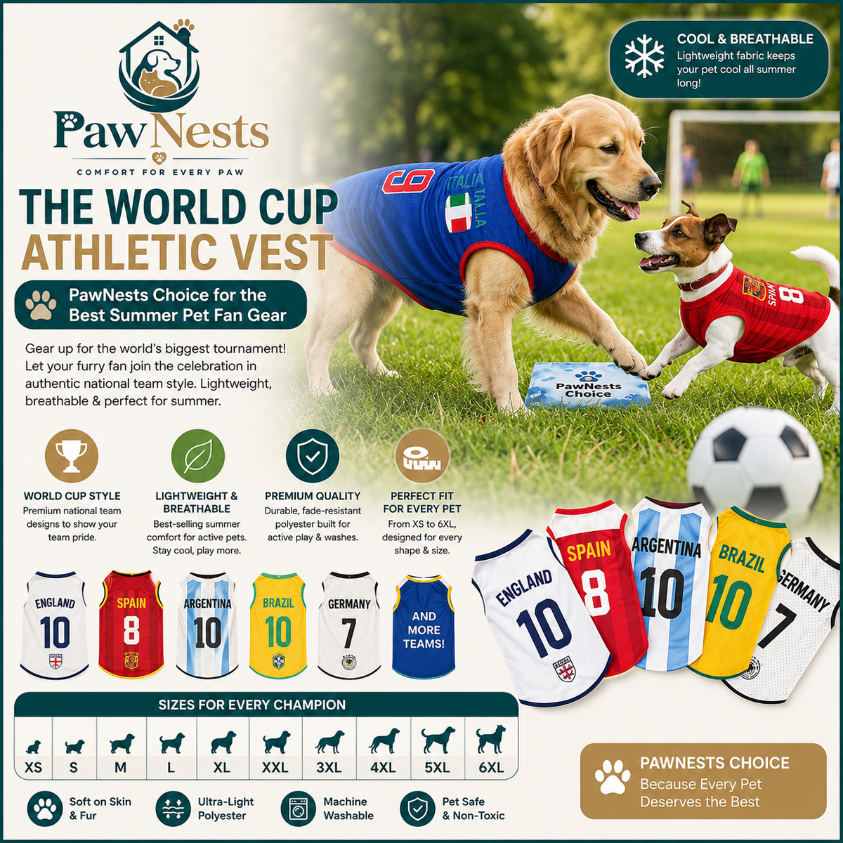 Dog and cat soccer team vest — summer sports apparel in multiple designs | Pawnests